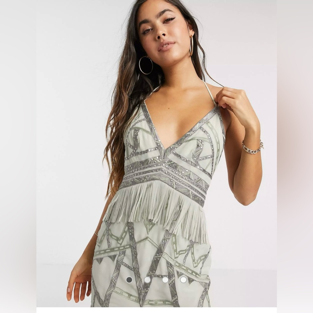 Fringe-Trim Embellished Mini Dress in Light Sage